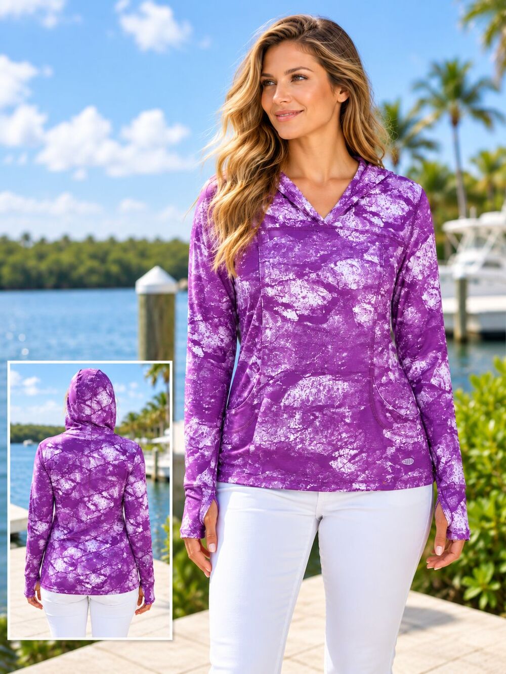 Reel Legends Womens Med Purple White Print Hoodie Long Sleeve Thumbholes Pockets